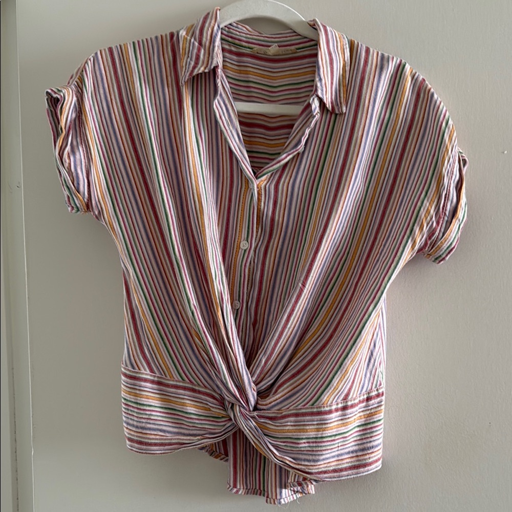 Lou & Grey Pink White Button Down Tie Front Top